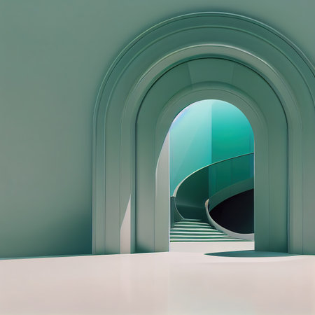 Surreal archway to staircase architecture design. Modern arch and stairs architectural elements, geometric interior construction 3D render digital illustrationの素材
