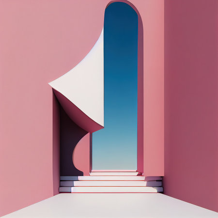 Surreal pink archway structure with stairs 3D render digital illustrationの素材