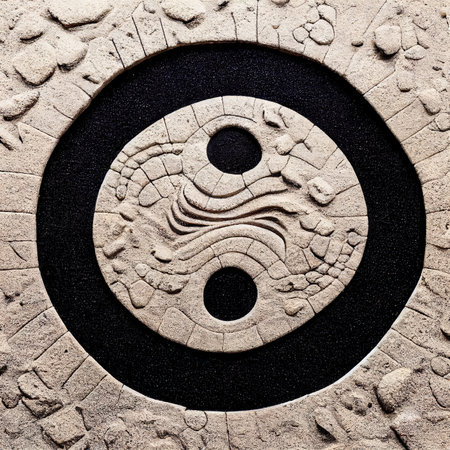 Abstract ancient stone disc harmony symbol. Old culture ornament on stone texture, spirituality symbol conceptの素材