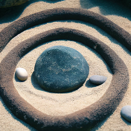 Stones in sand circles as concentration concept 3D render digital illustrationの素材