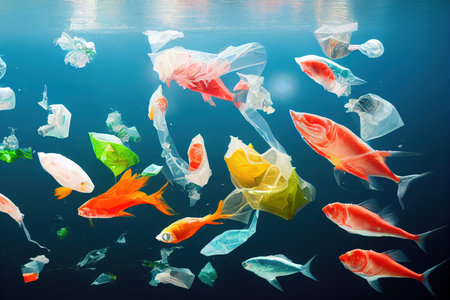 Gold fish swimming among plastic garbage, underwater pollution environmental problemの素材