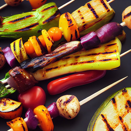 Grilled vegetable kebab on skewers top view. Vegetarian appetizing barbeque roasted veggies on stick. Food background for bbq restaurant, grill bar menuの素材