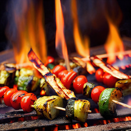 Barbecue skewers kebab with vegetables mix on flaming grill food backgroundの素材