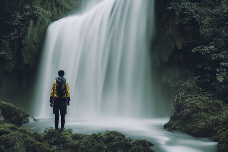 Traveler backpacker looking at waterfall among green woodsの素材