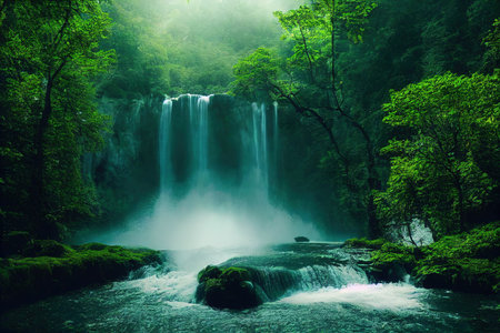 Scenic view of waterfall flowing down mountain in misty forestの素材