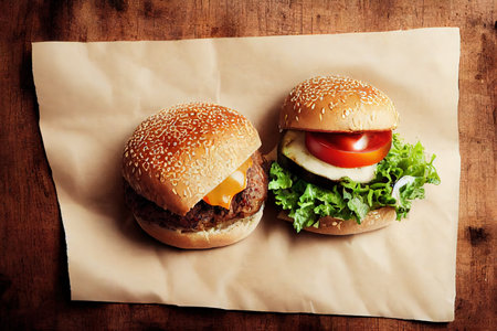 Burgers fast food with vegetables on wrapping paper top view 3D render digital illustrationの素材
