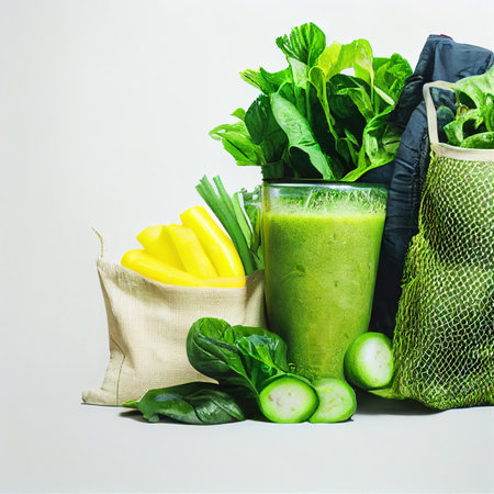 Dieting vegetarian food and smoothies shake in glass. Green eco organic vitamin nutrition, natural herbs and refreshing juicy mix drink banner design templateの素材