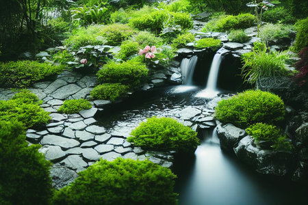 Summer garden with small waterfalls and flat stones. Beautiful nature background, landscaped green park background 3D render digital illustrationの素材