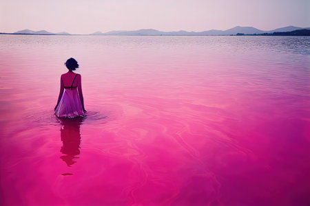 Young woman in pink salt lake romantic scene backgroundの素材