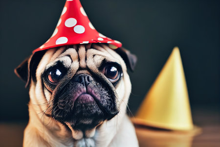 Cute pug dog in party hat closeup portraitの素材