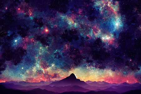 Starry sky with glowing milky way over volcanic mountain ridgeの素材