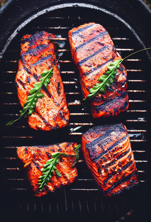 Fried salmon steaks with herb leaves on grill top view. Gourmet seafood dish, delicious fish sea food meal preparationの素材
