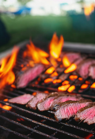 Cooking beef steaks on grill with flames in background. Grilling beefsteaks on BBQ, preparing meet food outdoorsの素材