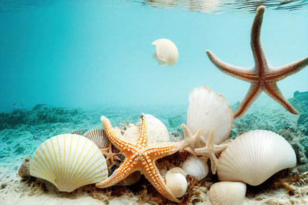 Sea shell, starfish and swimming jellyfish in clean transparent sea waterの素材