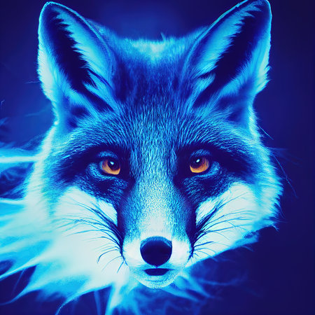 Neon blue fox head isolated over dark background furry carnivoreの素材