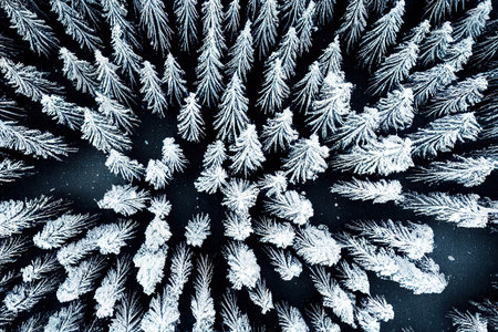 Aerial view on snowy evergreen pine tree forest in winterの素材