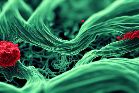 Abstract green fluid pattern with red bacterium. Medical science, microbiology concept background 3d render digital illustrationの素材