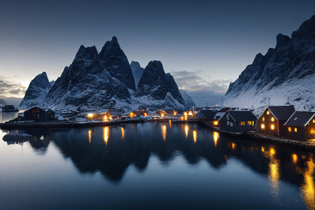 Small village with illuminated houses in night highland. Mountain ridge covered with snow and evening twilight city lights reflection in water. Beautiful backgroundの素材