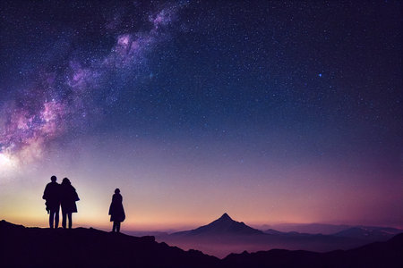 Loving family couple with child under star field sky. Embracing man and woman with kid looking at Milky Way night skyline over foggy mountain ridge. Romantic breathtaking viewの素材