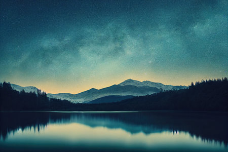 Magnificent nightscape with lake, forest and mountain. Milky way over nature landscapeの素材