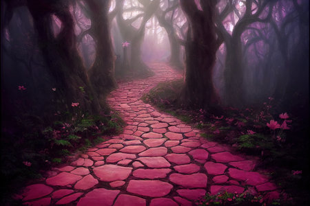Enchanted pink alley path in dark forest. Mysterious woods, fairytale adventure concept digital illustrationの素材