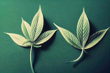 Marijuana plant for cosmetics or medical drugs Cannabis herbal leaves front view isolated on color backgroundの素材