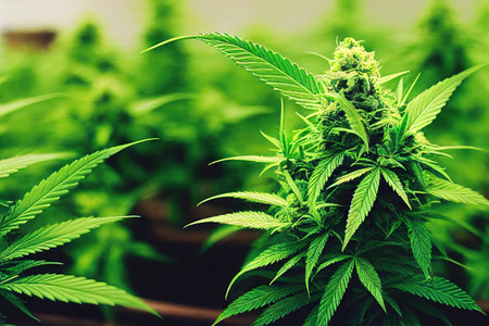 Marijuana in pot growing at home garden or private greenhouse. Homegrown medical cannabis weed cultivation for responsible useの素材