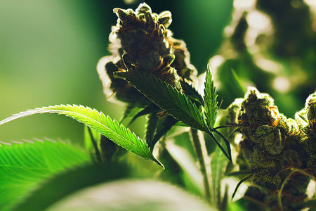 Ripe cannabis flower buds and weed stuff harvest for legal CBD recreational use. Marijuana hemp dried stems and blossoms with seeds closeupの素材