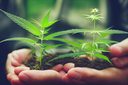 Farmer hands holding young cannabis sprout plant. Planting marijuana seedlings in nutrient soil to cultivate herbs for medical purposesの素材