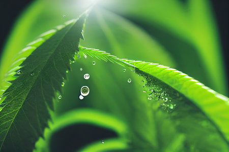 Fresh young marijuana seedlings growing. Closeup selective focus of cannabis plant in water drops under special illumination for fast growth and ageing in greenhouseの素材