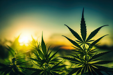 Legal marihuana plantation with growing high quality medicinal cannabis for healthcare, cosmetics and medicine usage. Organic hemp outdoor greenhouse field under sunbeam landscapeの素材
