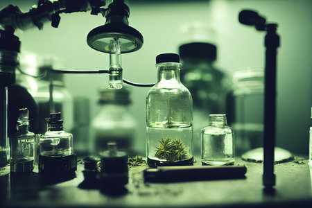 Medicinal cannabis growing for CBD oil extraction, hemp antioxidant and medicine product production in modern laboratory. Lab marijuana plantation.の素材