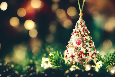 Christmas decoration abstract bokeh background. Greeting wallpaper, wrapping paper design template with decorated xmas tree with garland and ornaments over holiday backdrop blur effect sparkle lightsの素材