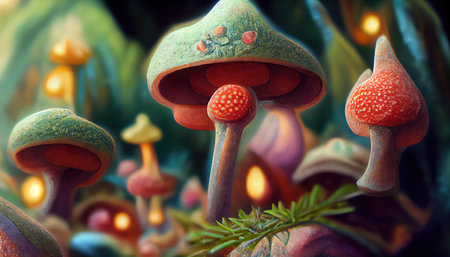 Magic landscape with fairy tale mushrooms. Enchanted forest meadow with fantasy inedible fungus growing during misty nightの素材
