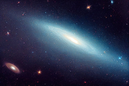 Bright starburst light in dark cosmic space galaxy background. Star flash explosion as birth of new planet in depth cosmosの素材