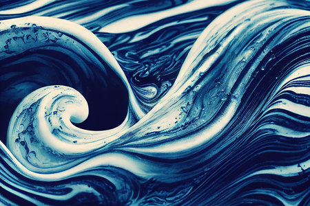 Blue foamy water swirl and tide wave flowing liquid motion abstract background. Fluid art resin epoxy craft acrylic painting technique with trendy dynamic effect designの素材
