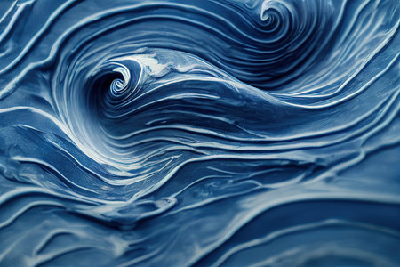 Blue liquid splashes dynamic motion design element. Fluid flow with wave and swirl abstract backgroundの素材
