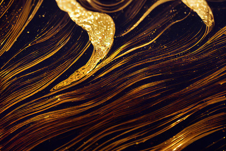 Gold fluid leak melting waves flowing abstract background. Liquid motion of golden molten metal glitter shades, pleats and splash acrylic paint textureの素材