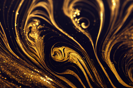 Gold fluid leak melting waves flowing abstract background. Liquid motion of golden molten metal glitter shades, pleats and splash acrylic paint textureの素材