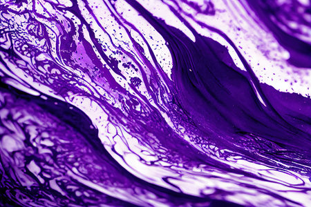 Abstract wavy background luxury violet liquid foamy texture. Artistic fluid pattern ink flow with purple curvy wave and swirling shapes of molten fluorescent dyeの素材