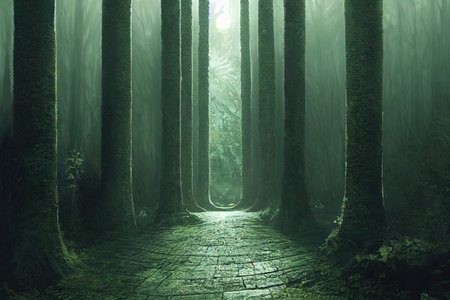 Magic green forest with fairytale sunny evening light through branches of trees landscape. Mysterious enchanted portal tunnel road in fantasy woodland sceneの素材