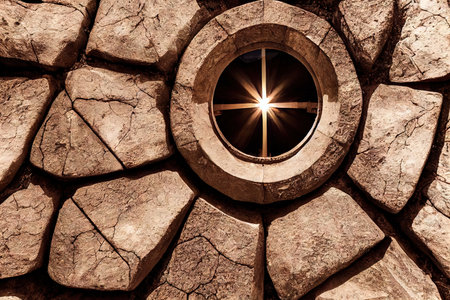 Fantasy astral window portal to other world with star burst in dark. Mystical pathway in rock with glowing galaxyの素材