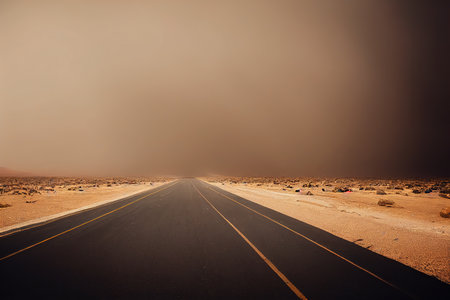 Large sand storm formed from grey dramatic cloud over road in desert dune natural disaster and extreme weather condition. Giant cloud of dry sand flying above traffic highwayの素材