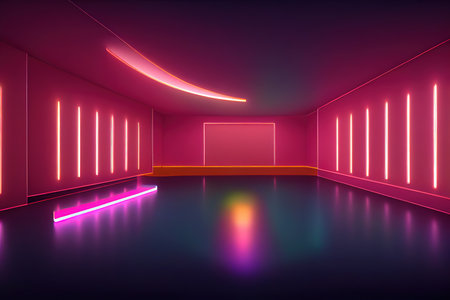 Abstract empty dark showroom hall with neon lights illumination background 3D render digital illustrationの素材