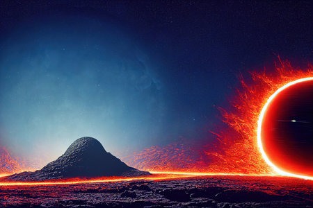 Burning falling asteroid and planet collision background digital illustrationの素材