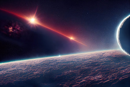 Asteroid and planet surface view from orbit in cosmos background digital illustrationの素材