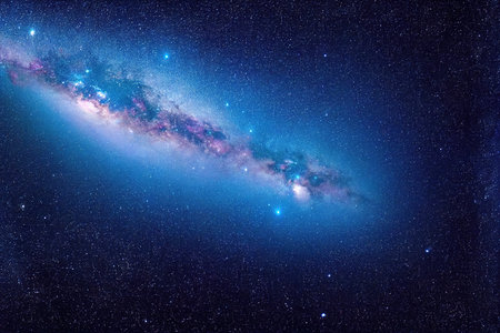 Bright starburst light in dark cosmic space galaxy background. Star flash explosion as birth of new planet in depth cosmosの素材