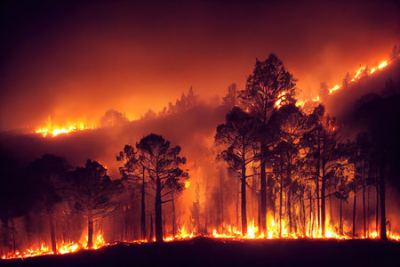 Terrible forest fires, annual natural disasters. Forests are burning and all trees are on fire, trunks are charred, ground is scorchedの素材