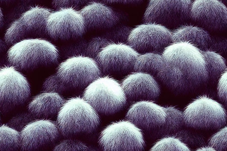 Grey fur texture with fluffy ball seamless pattern hairy wool abstract background. Soft fuzzy sphere bunny tail decorative shaggy surface with repeated endless trendy fashion designの素材