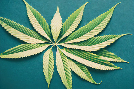 Marijuana plant for cosmetics or medical drugs Cannabis herbal leaves front view isolated on color backgroundの素材